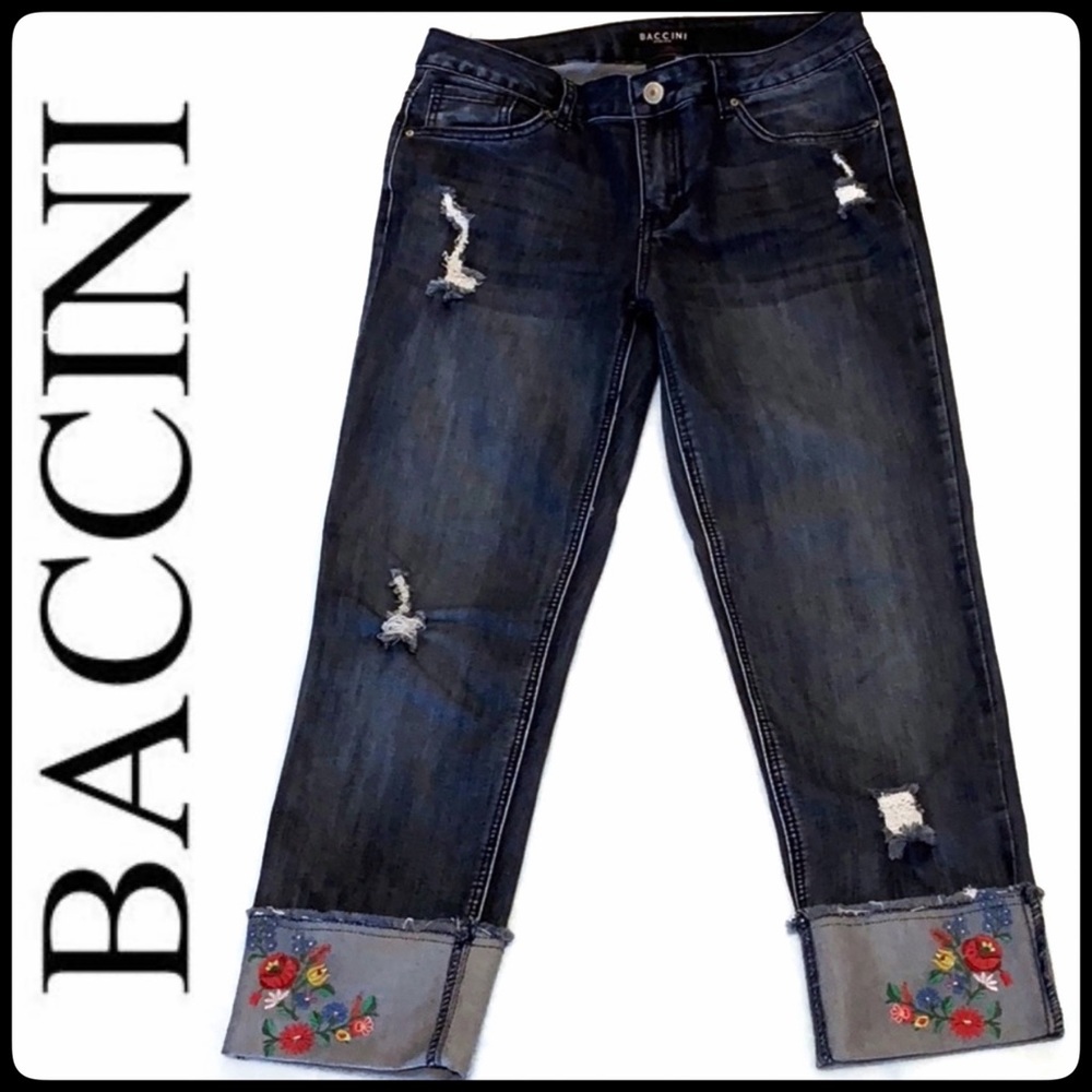 BACCINI DARK WASH DISTRESSED EMBROIDERED CROP JEAN